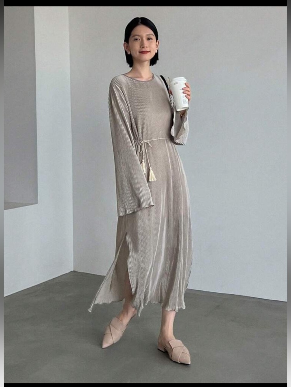 Neutral Beige Long Sleeve Pleated Midi Dress with Tassel Tie